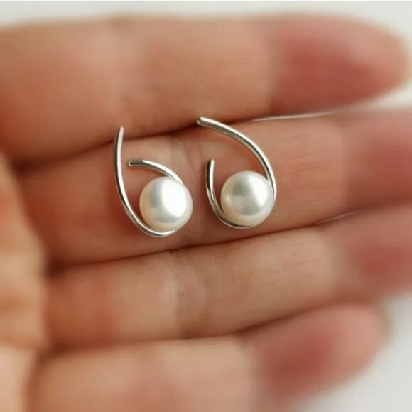 Cultured white pearl stud earrings in modern Sterling Silver setting - Picture 5 of 6